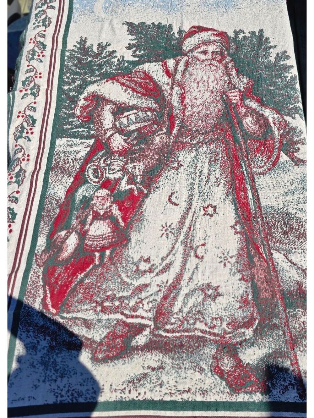 Vtg Cottagecore Old World Santa Claus Woven Tapestry Throw Blanket Fringed 68x48